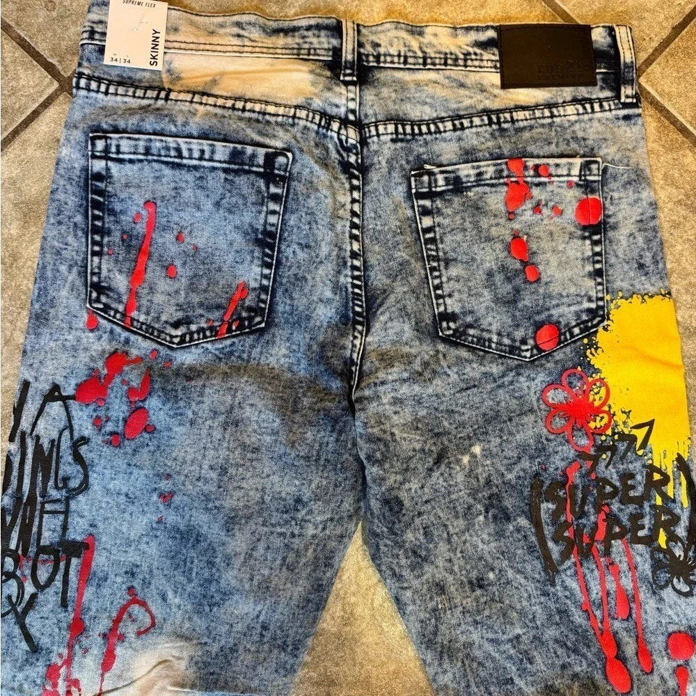 Men's rue21 Premium Supreme Flex‎ Skinny Jeans Graphic Paint Splatter NWT 32x34